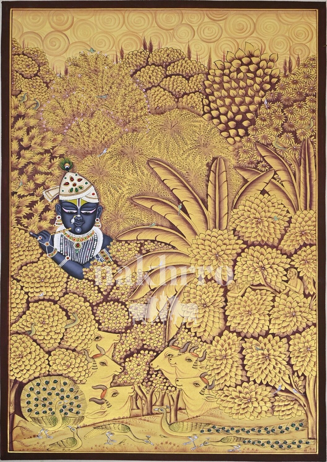 Krishna in a Golden Wildlife Garden, full hand-painted original artwork, 2 by 3 feet