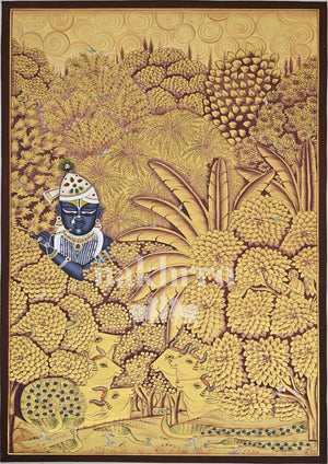 Krishna in a Golden Wildlife Garden, full hand-painted original artwork, 2 by 3 feet