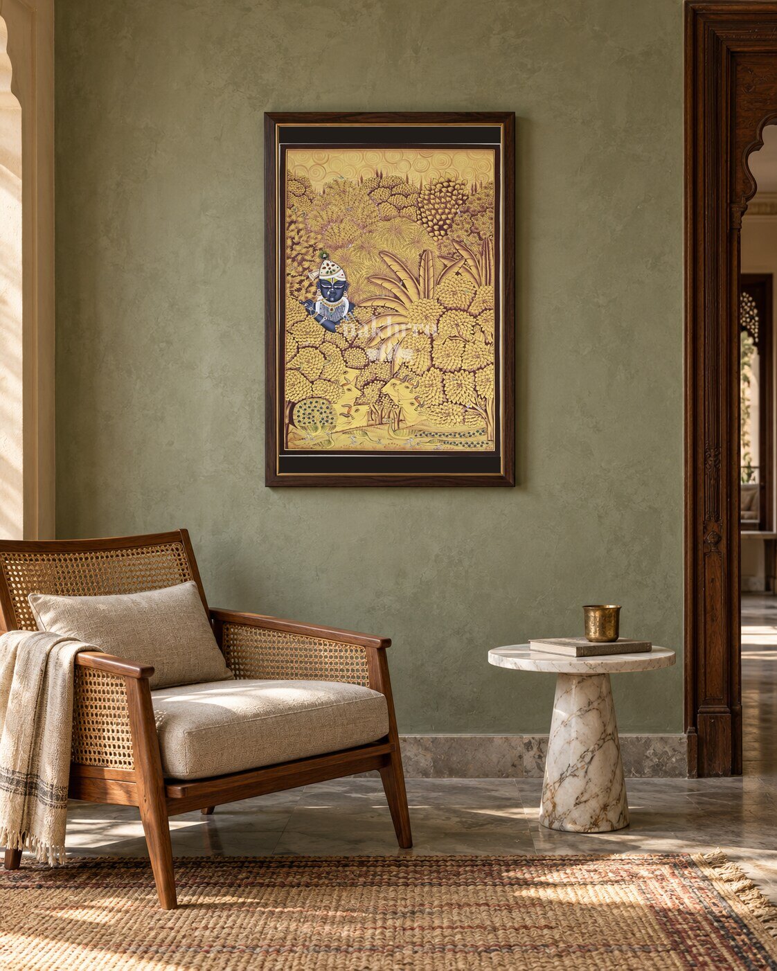 Krishna in a Golden Wildlife Garden, framed in an Indian reading nook; styling mockup, 2 by 3 feet