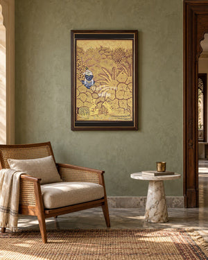 Krishna in a Golden Wildlife Garden, framed in an Indian reading nook; styling mockup, 2 by 3 feet