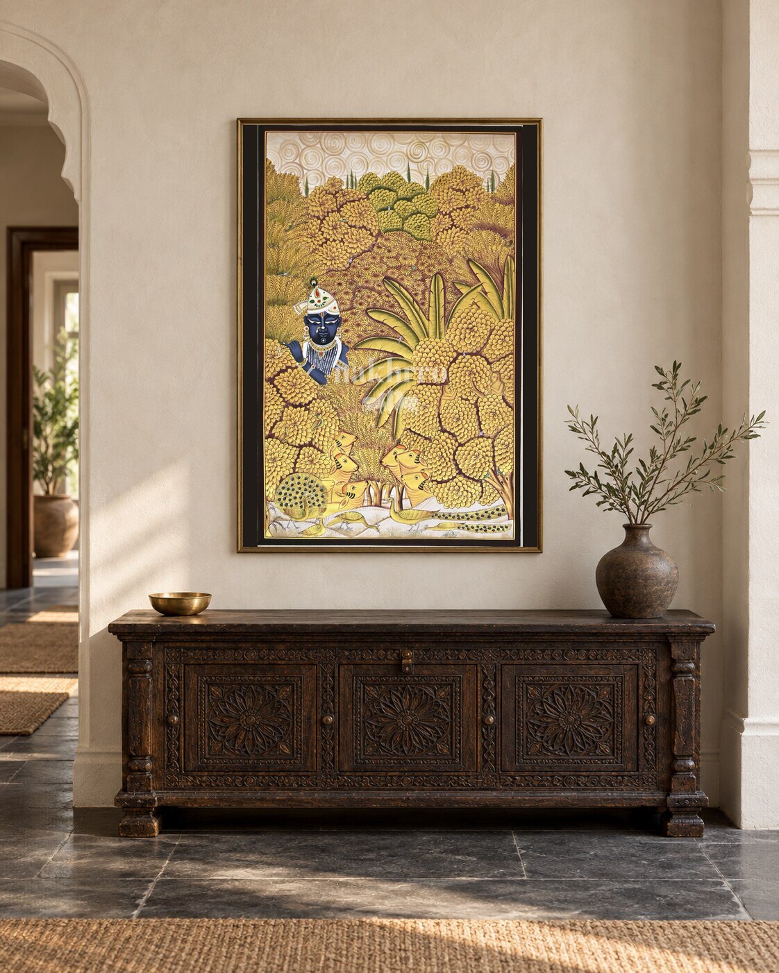 Krishna in a Golden Woodland, framed in a luxurious Indian console setting; styling mockup, 2 by 3 feet