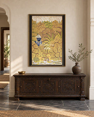 Krishna in a Golden Woodland, framed in a luxurious Indian console setting; styling mockup, 2 by 3 feet