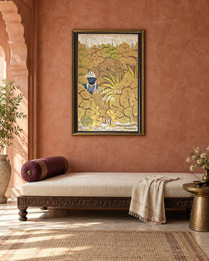 Krishna in a Golden Woodland, framed above a daybed in a contemporary haveli; styling mockup, 2 by 3 feet