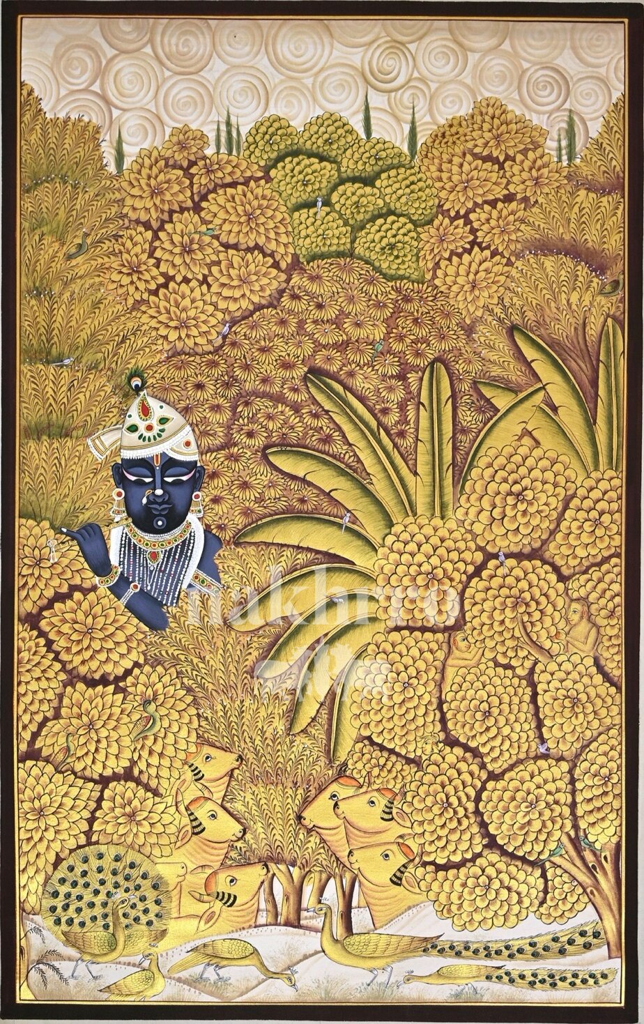Krishna in a Golden Woodland, full hand-painted original artwork, 2 by 3 feet