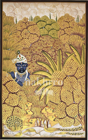 Krishna in a Golden Woodland, full hand-painted original artwork, 2 by 3 feet