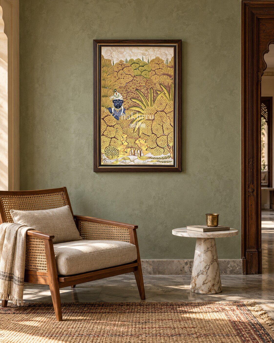 Krishna in a Golden Woodland, framed in an Indian reading nook; styling mockup, 2 by 3 feet