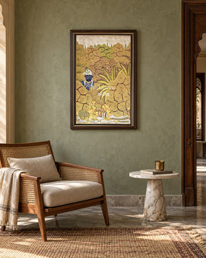 Krishna in a Golden Woodland, framed in an Indian reading nook; styling mockup, 2 by 3 feet