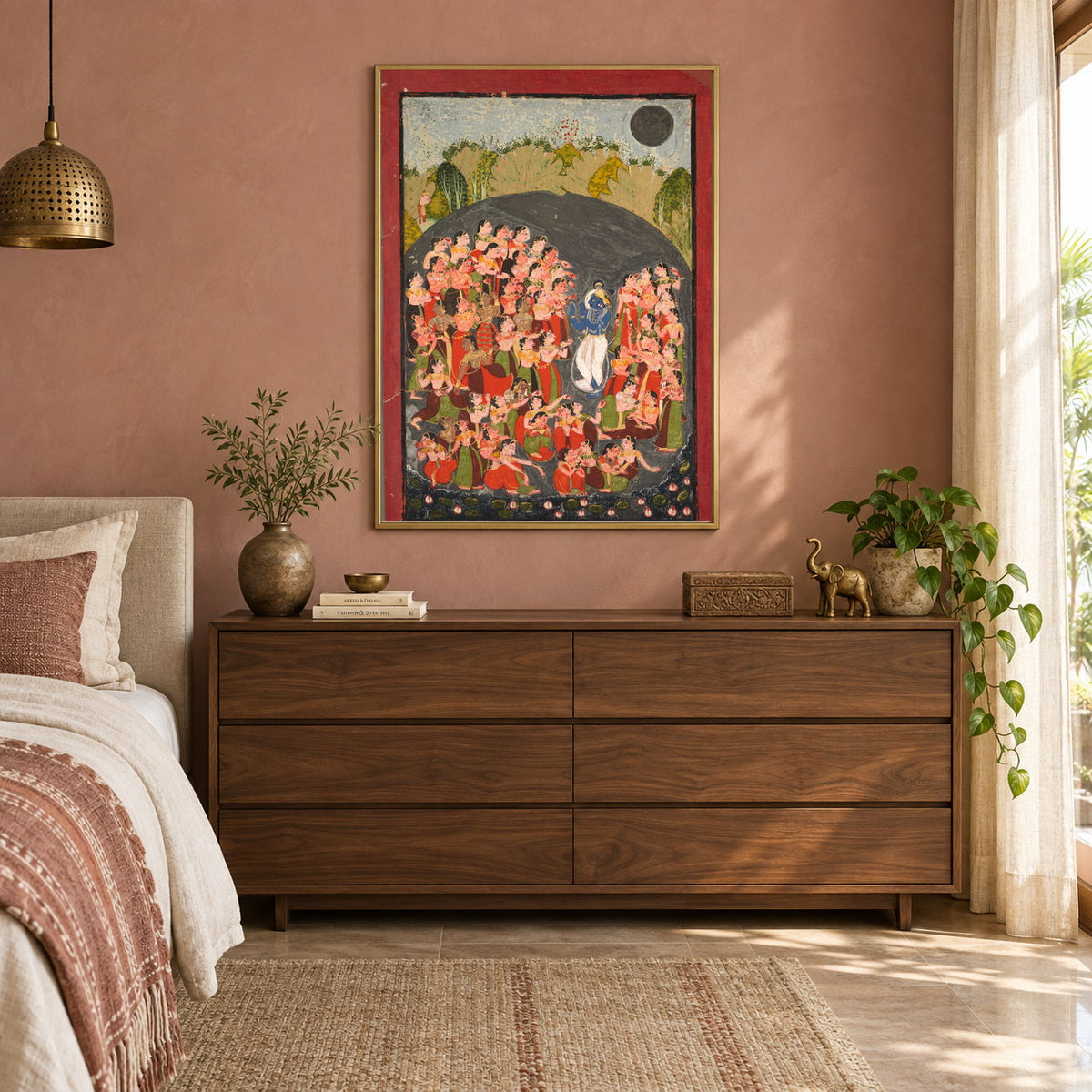 Krishna and the Gopis at Govardhan museum-grade art print in a bedroom