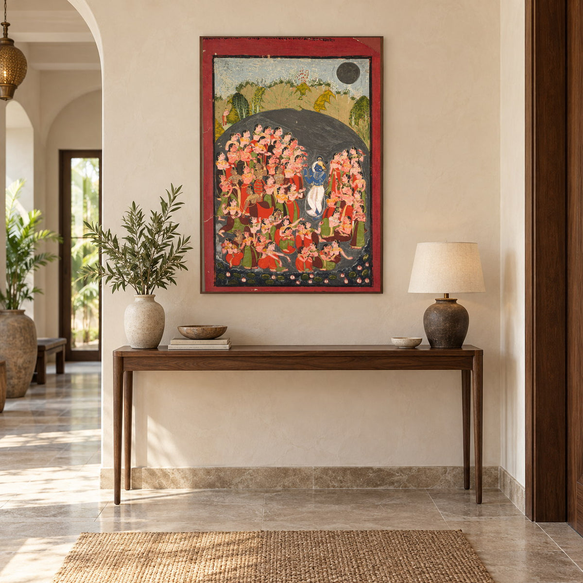 Krishna and the Gopis at Govardhan museum-grade art print in a entryway