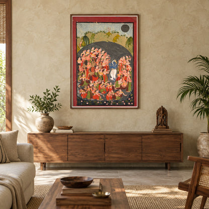Krishna and the Gopis at Govardhan museum-grade art print in a living room