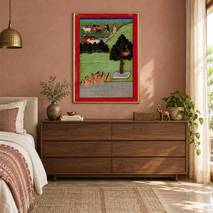 Krishna and the Gopis by the Yamuna museum-grade art print in a bedroom