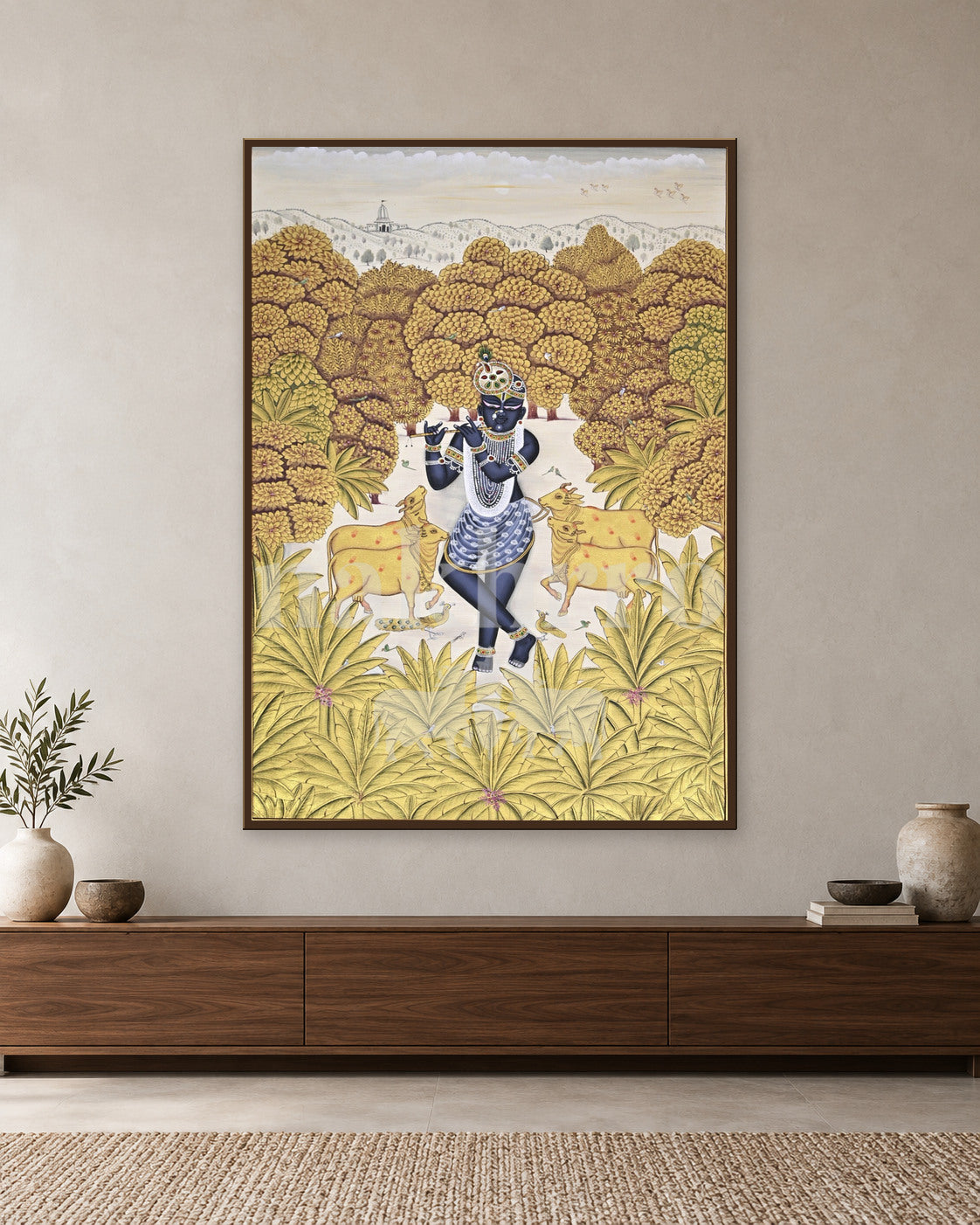 Krishna in a Golden Grove with a Distant Temple — slim-frame room mockup 1 with Nakhrro watermark