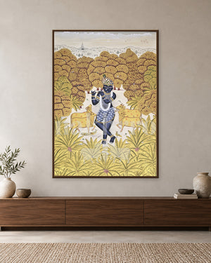 Krishna in a Golden Grove with a Distant Temple — slim-frame room mockup 1 with Nakhrro watermark