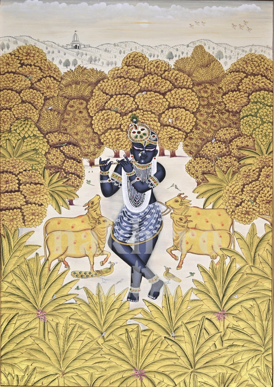 Krishna in a Golden Grove with a Distant Temple — full artwork with Nakhrro watermark