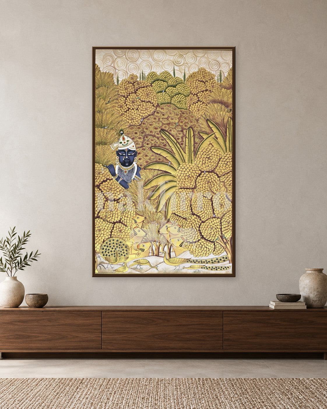 Krishna in a Golden Grove with Spiral Clouds — slim-frame room mockup 1 with Nakhrro watermark
