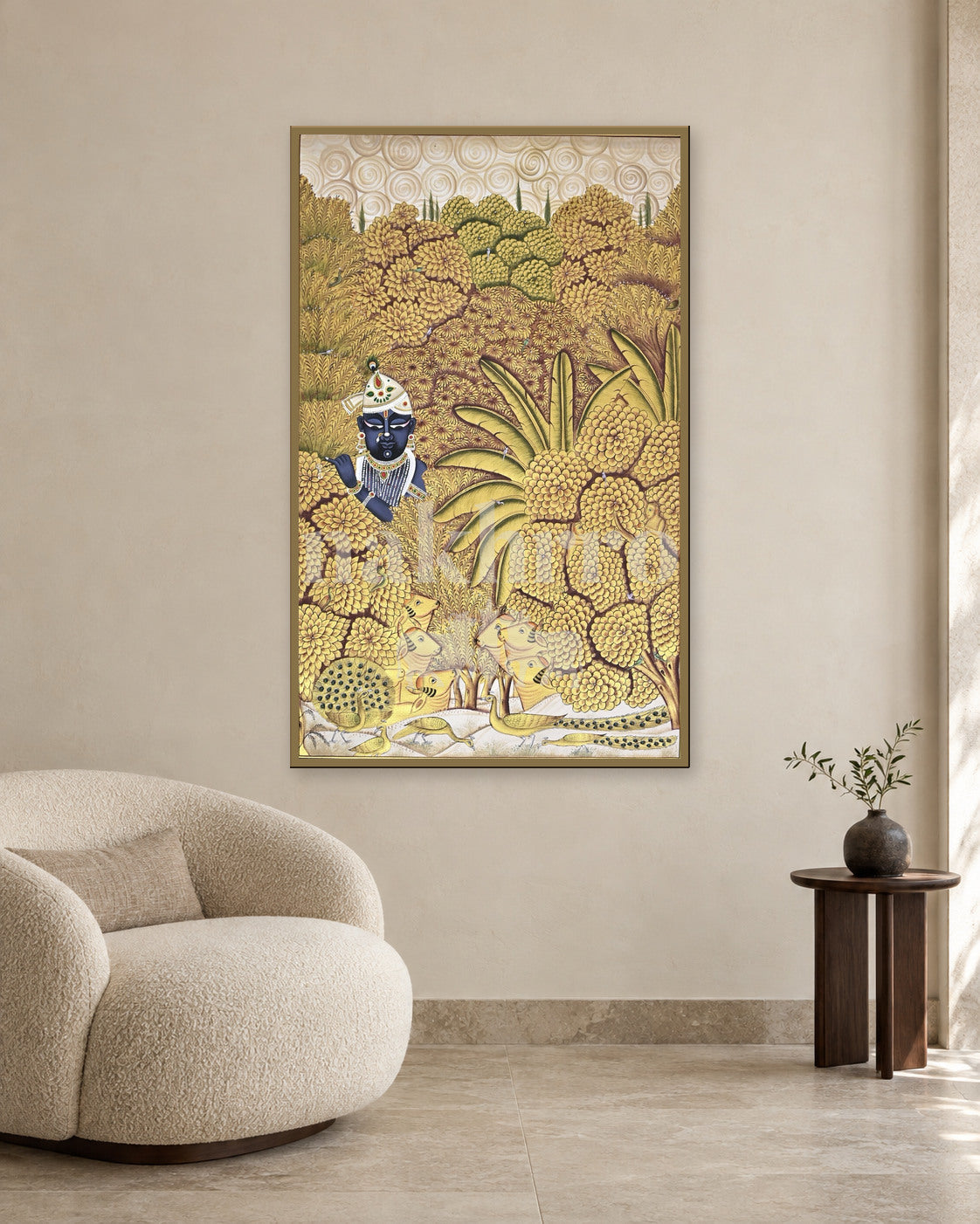 Krishna in a Golden Grove with Spiral Clouds — slim-frame room mockup 2 with Nakhrro watermark