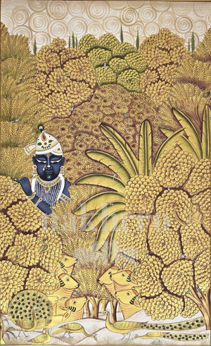 Krishna in a Golden Grove with Spiral Clouds — full artwork with Nakhrro watermark