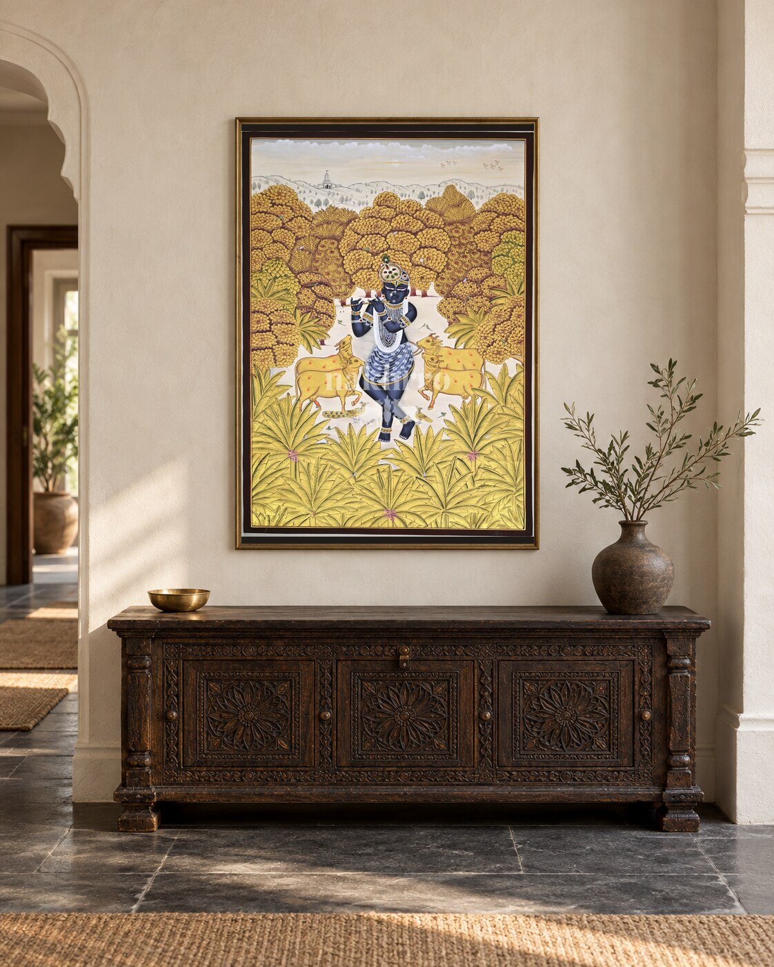 Krishna in an Ivory Forest Clearing, framed in a luxurious Indian console setting; styling mockup, 2 by 3 feet