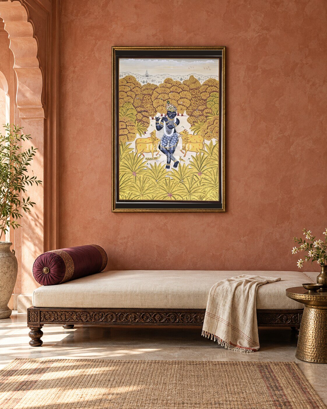 Krishna in an Ivory Forest Clearing, framed above a daybed in a contemporary haveli; styling mockup, 2 by 3 feet