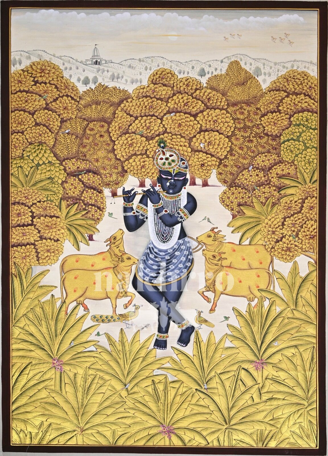 Krishna in an Ivory Forest Clearing, full hand-painted original artwork, 2 by 3 feet