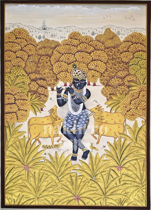 Krishna in an Ivory Forest Clearing, full hand-painted original artwork, 2 by 3 feet