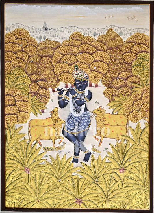 Krishna in an Ivory Forest Clearing, full hand-painted original artwork, 2 by 3 feet