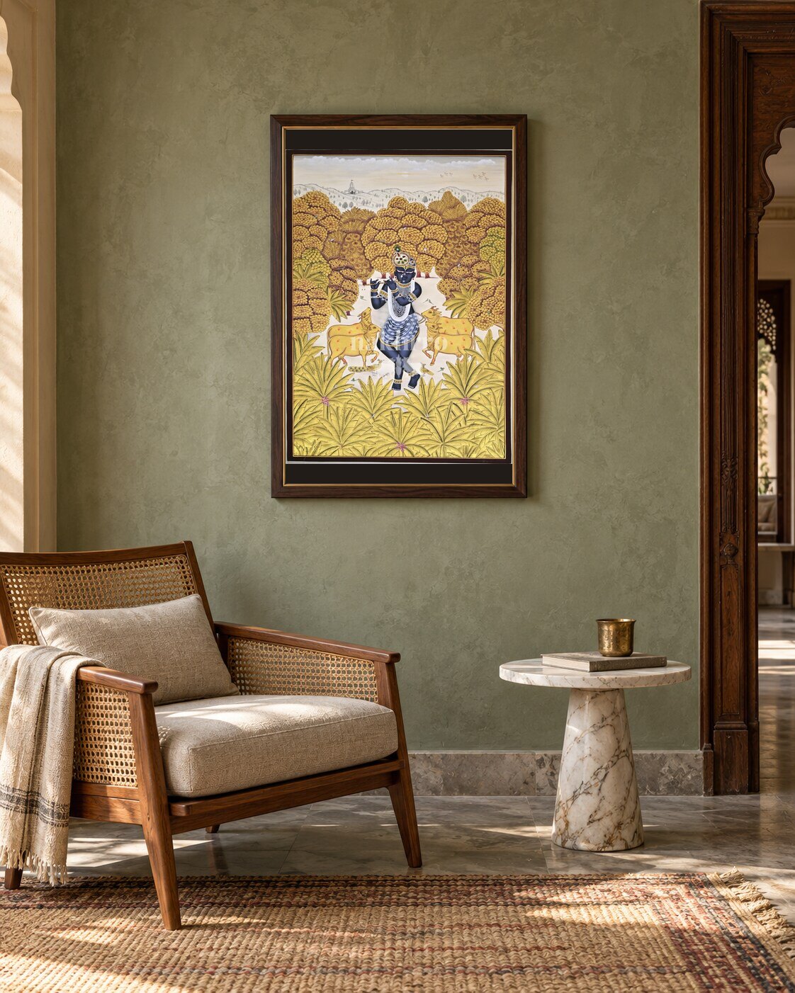 Krishna in an Ivory Forest Clearing, framed in an Indian reading nook; styling mockup, 2 by 3 feet