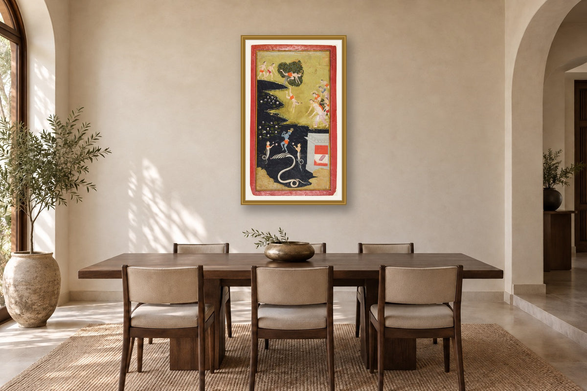Krishna Dancing on Kaliya museum-grade art print in a dining room