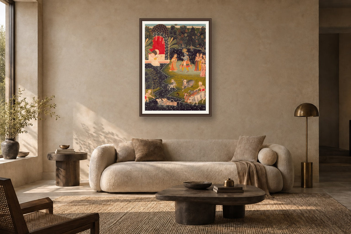 Krishna Leading the Gopis & Cows museum-grade art print in a living room