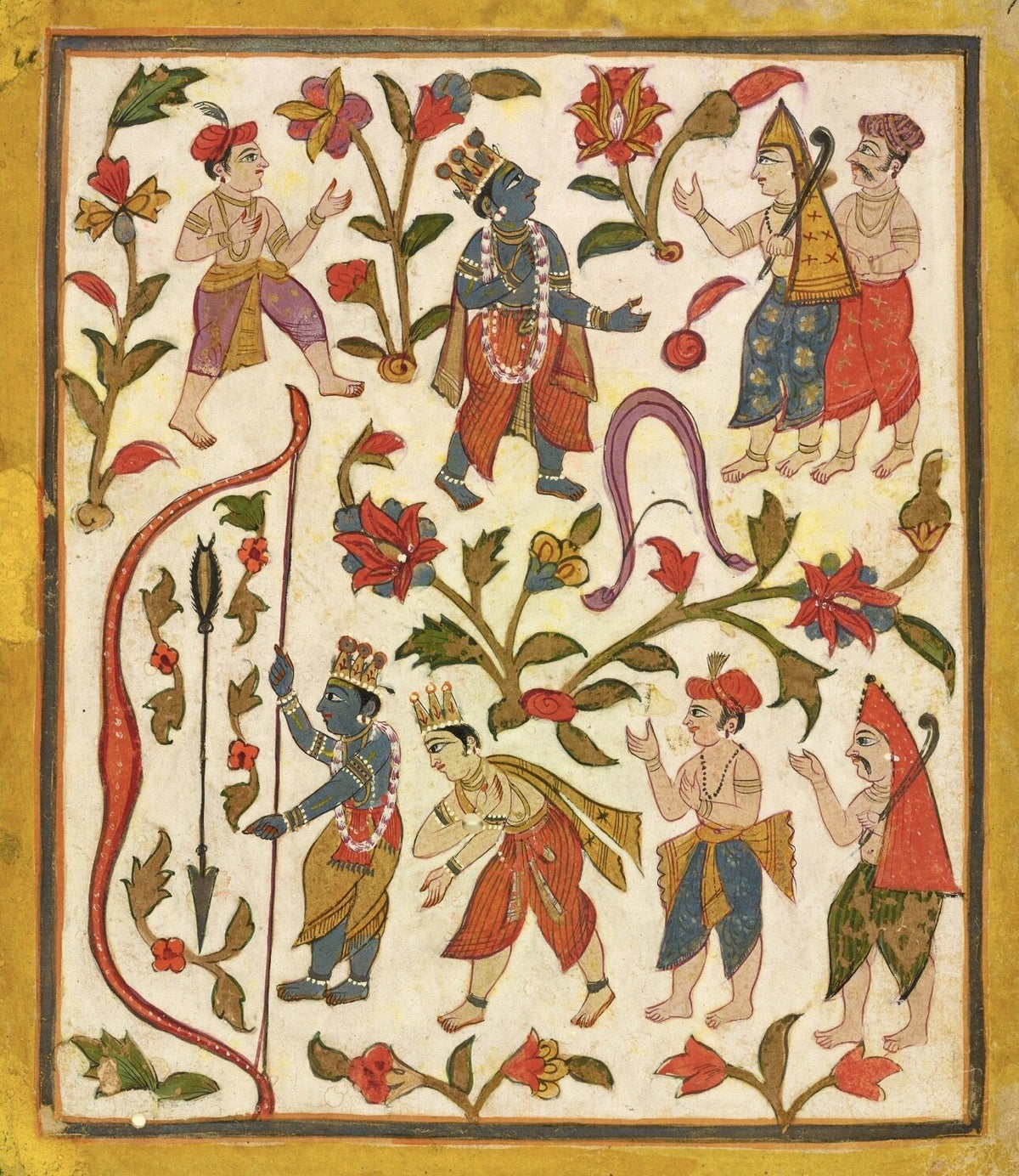 Indian miniature painting of Krishna with musicians in a flowering garden