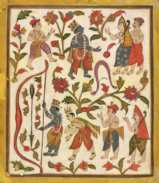 Indian miniature painting of Krishna with musicians in a flowering garden