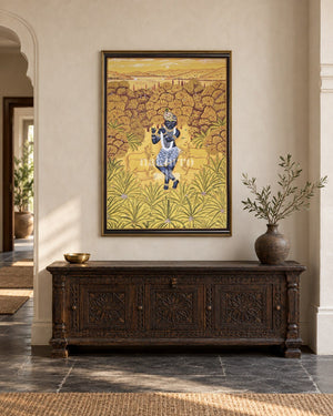 Krishna in Ochre Pastures, framed in a luxurious Indian console setting; styling mockup, 2 by 3 feet