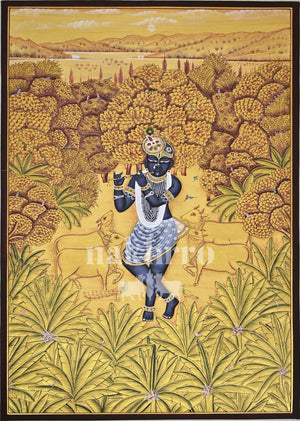 Krishna in Ochre Pastures, full hand-painted original artwork, 2 by 3 feet