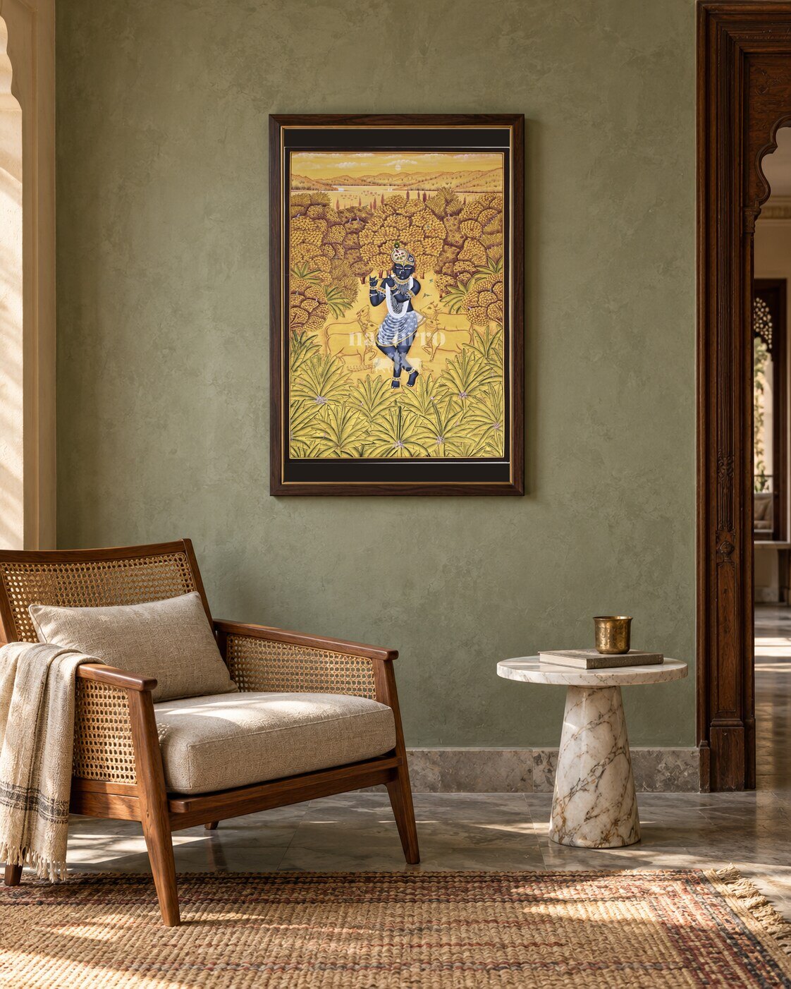 Krishna in Ochre Pastures, framed in an Indian reading nook; styling mockup, 2 by 3 feet