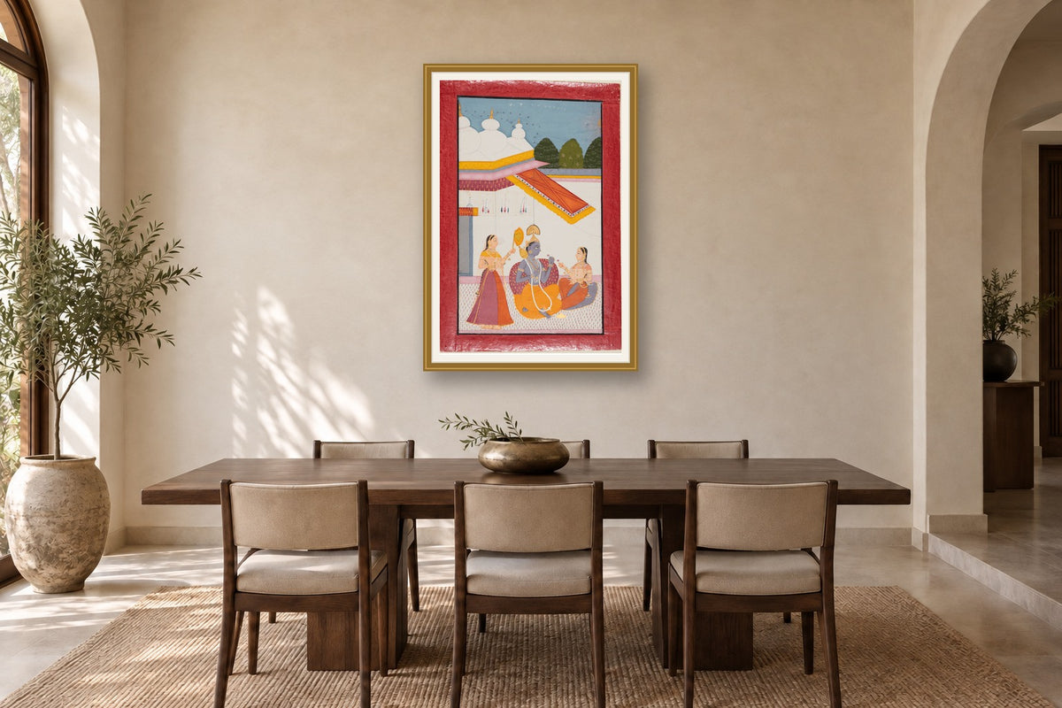 Krishna Pampered in Courtyard museum-grade art print in a dining room