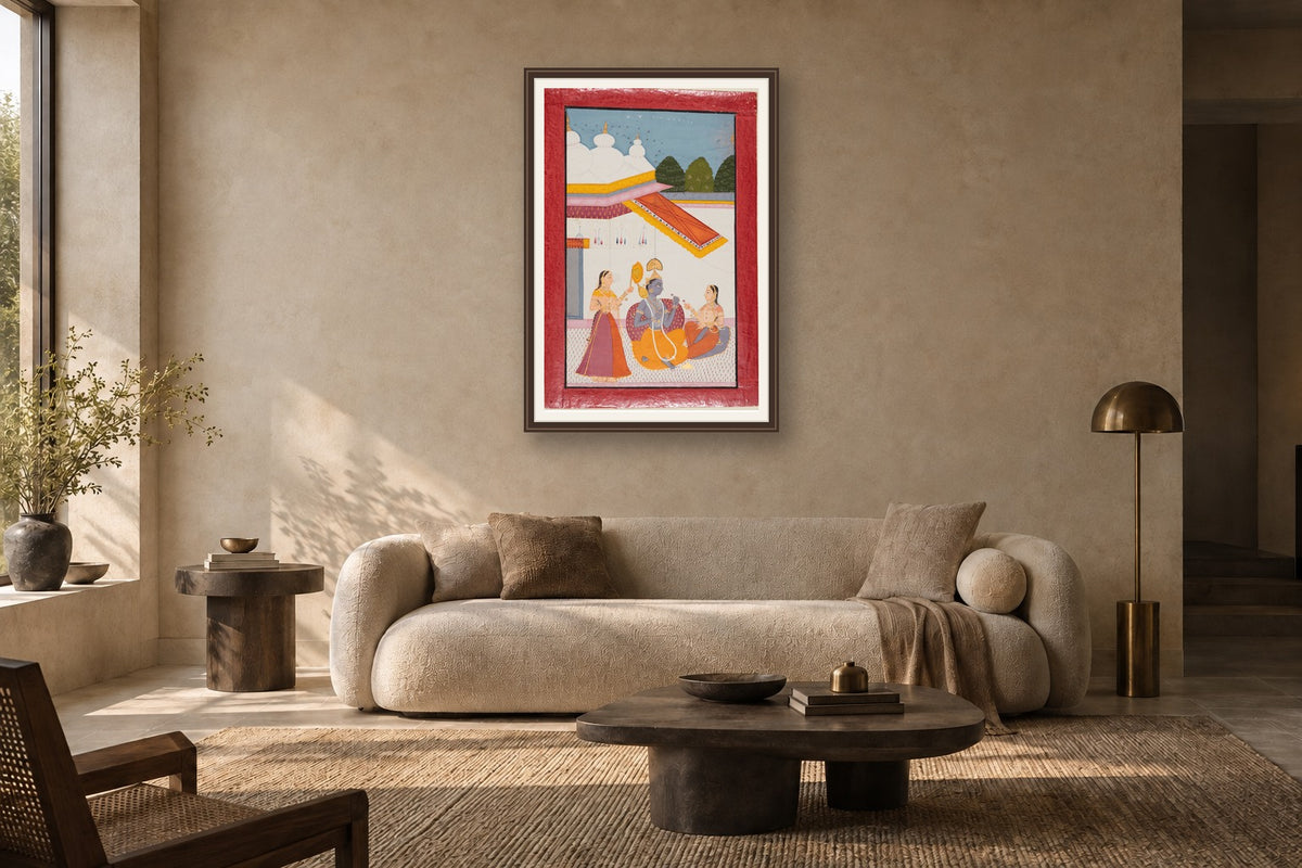 Krishna Pampered in Courtyard museum-grade art print in a living room