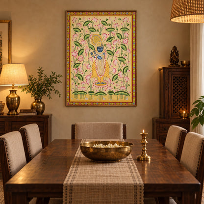 Krishna Among Pink Lotuses Pichwai print styled in a cosy Indian dining room.