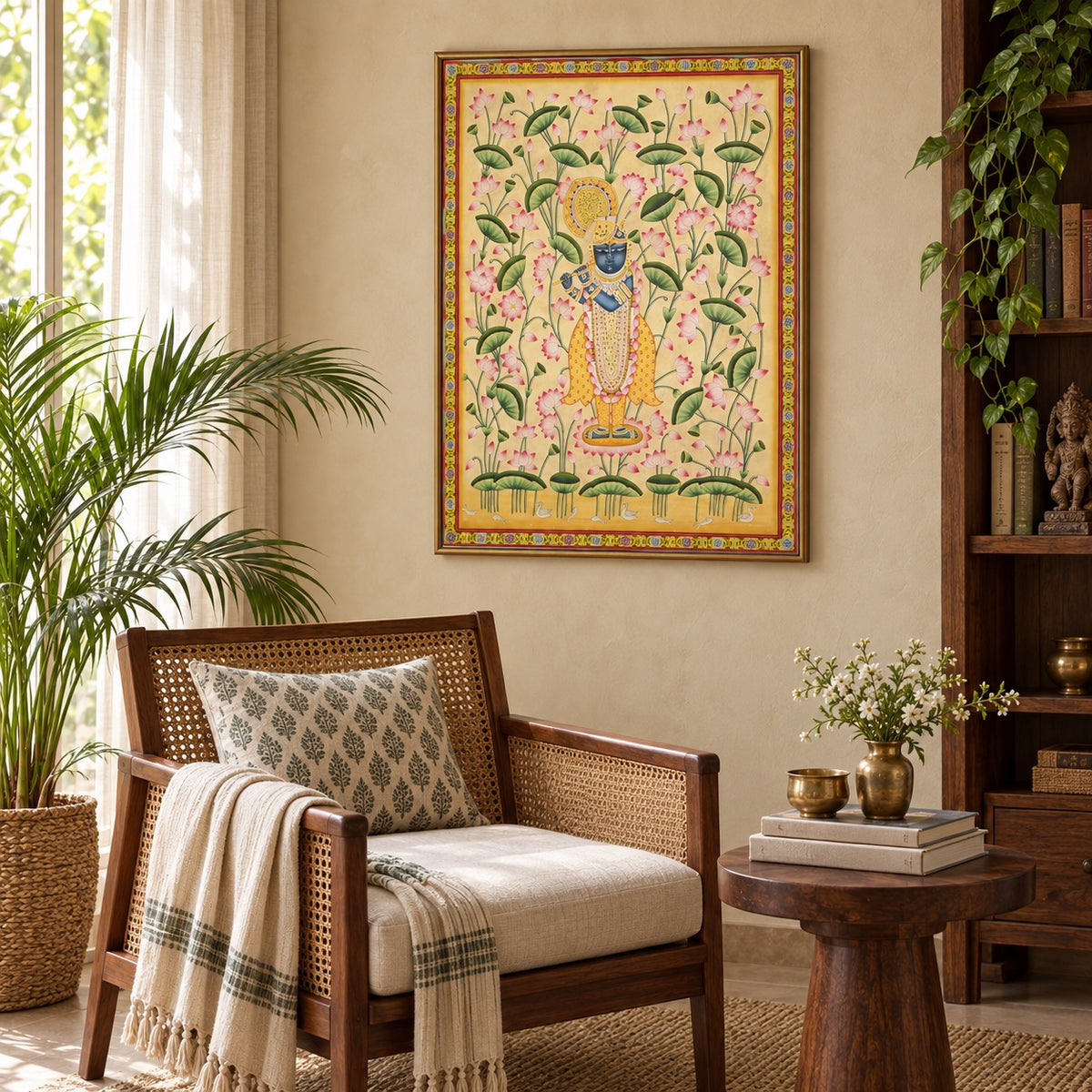 Krishna Among Pink Lotuses Pichwai print styled in a cosy Indian reading corner.