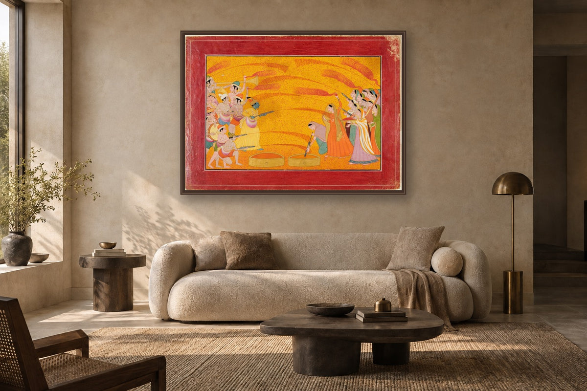 Krishna Playing Holi with Gopis in a living room