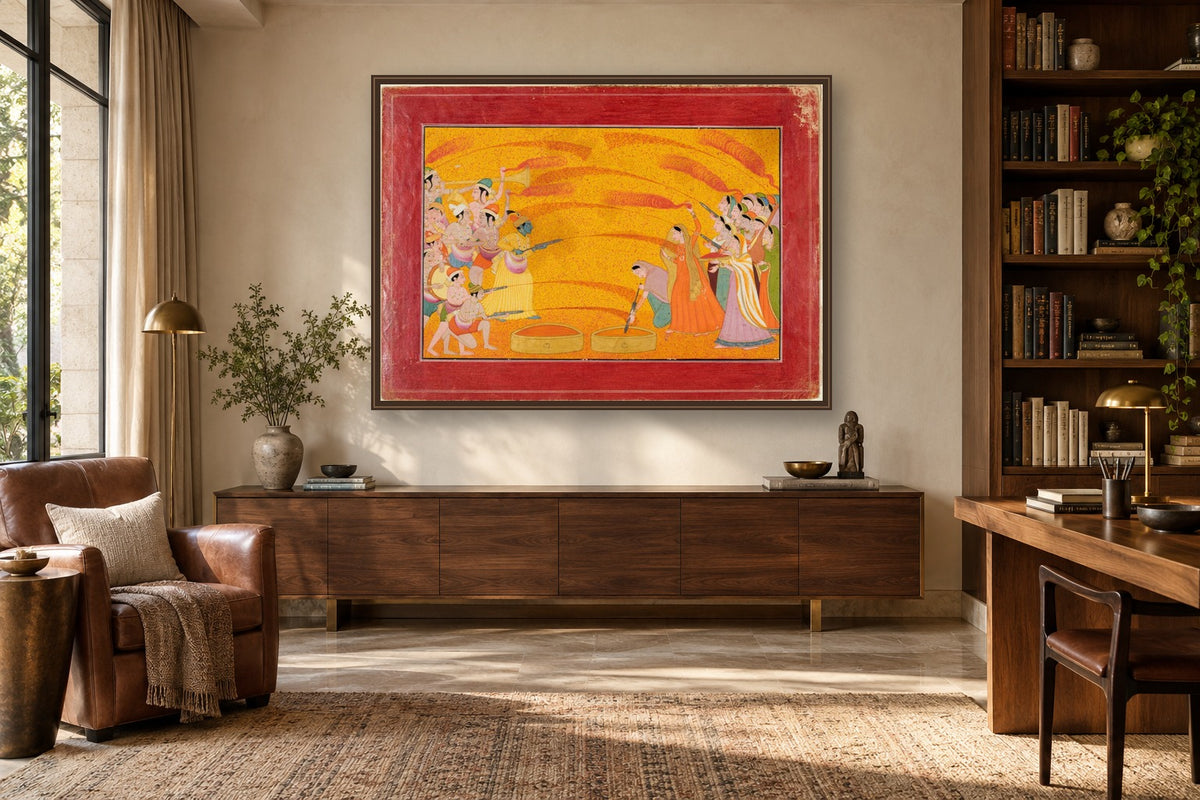 Krishna Playing Holi with Gopis in a study room