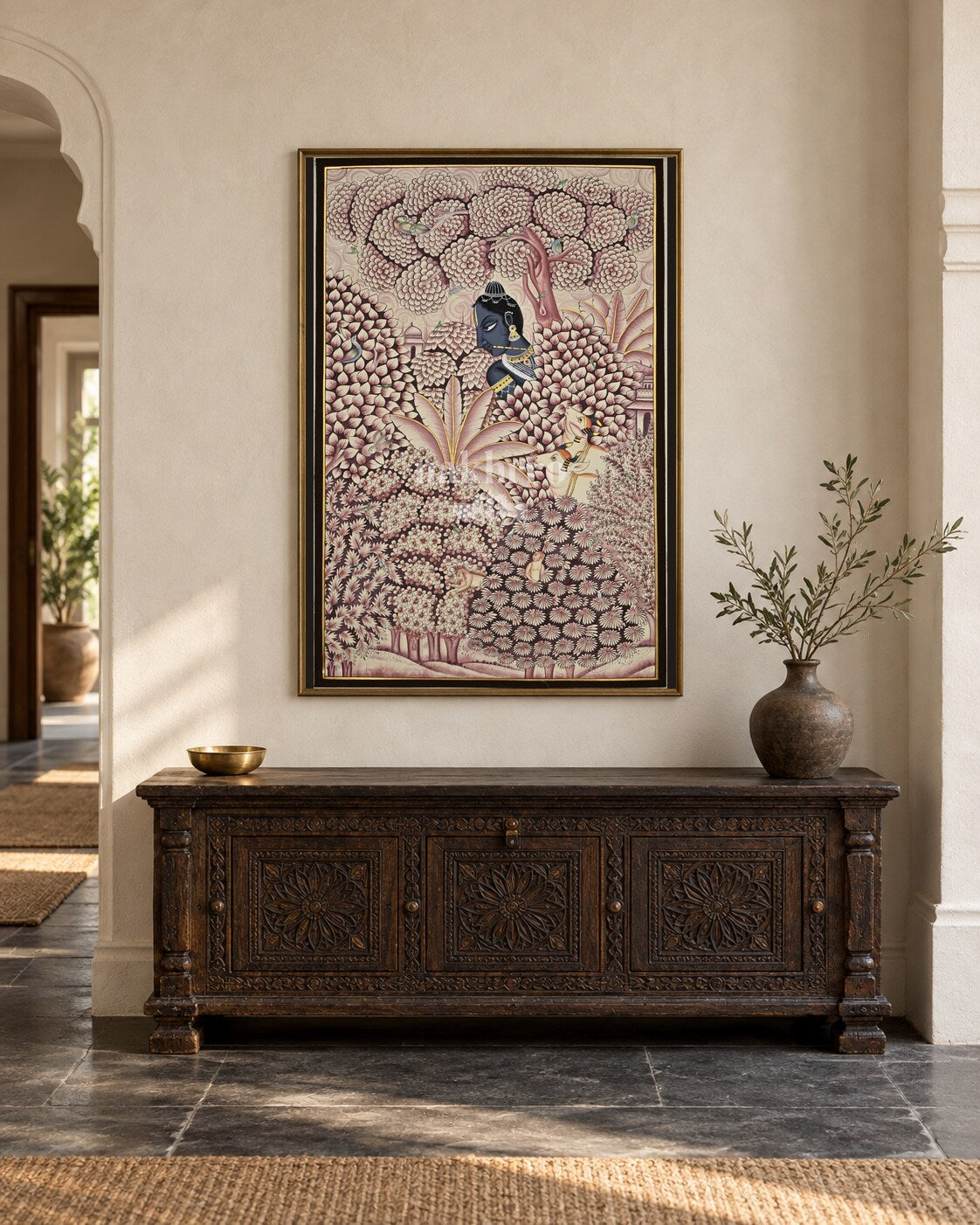 Krishna in a Rose Vrindavan Garden, framed room styling mockup 1; actual size and frame depend on selection