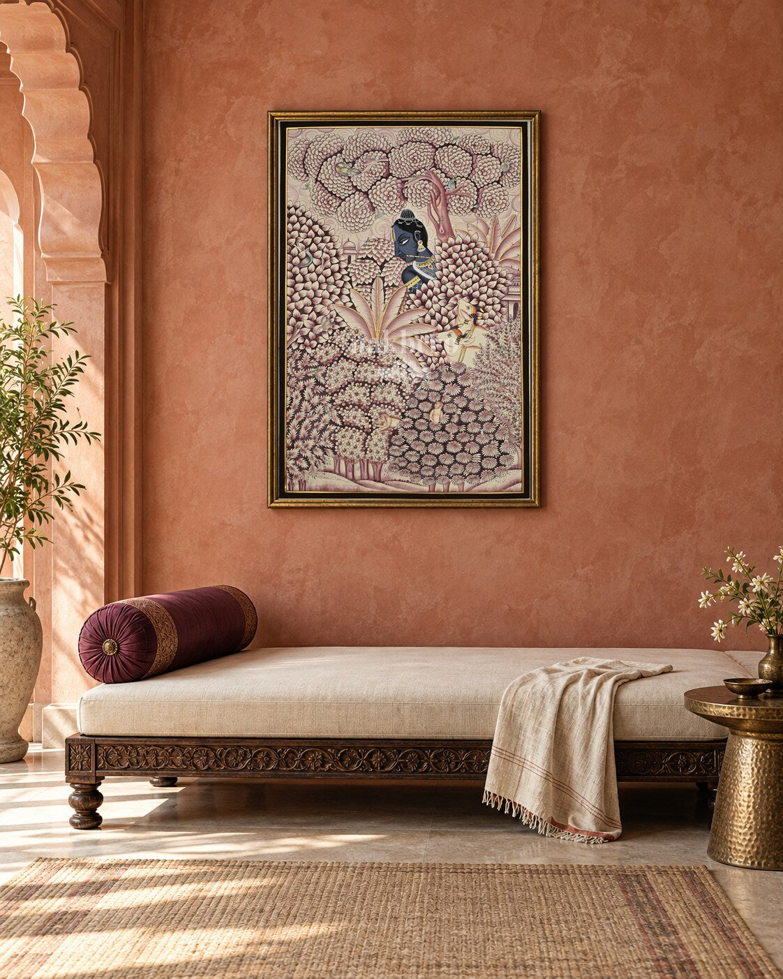 Krishna in a Rose Vrindavan Garden, framed room styling mockup 3; actual size and frame depend on selection