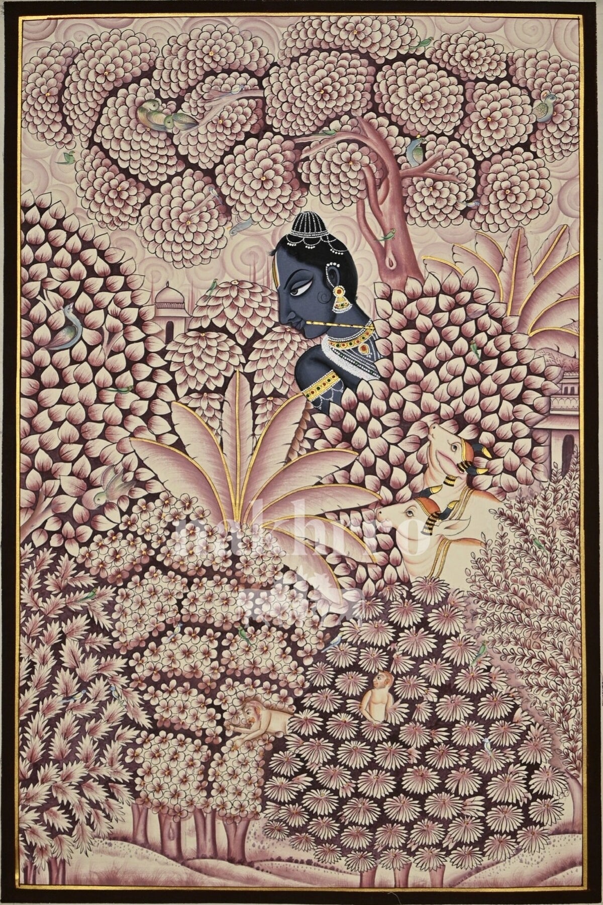 Krishna in a Rose Vrindavan Garden, full Pichwai artwork in pink, purple tones; museum-grade print