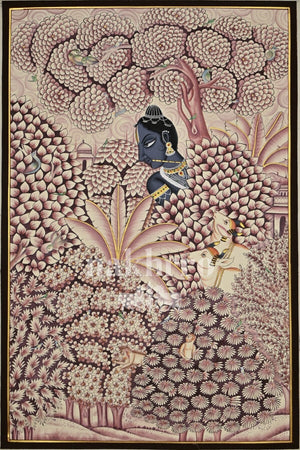 Krishna in a Rose Vrindavan Garden, full Pichwai artwork in pink, purple tones; museum-grade print