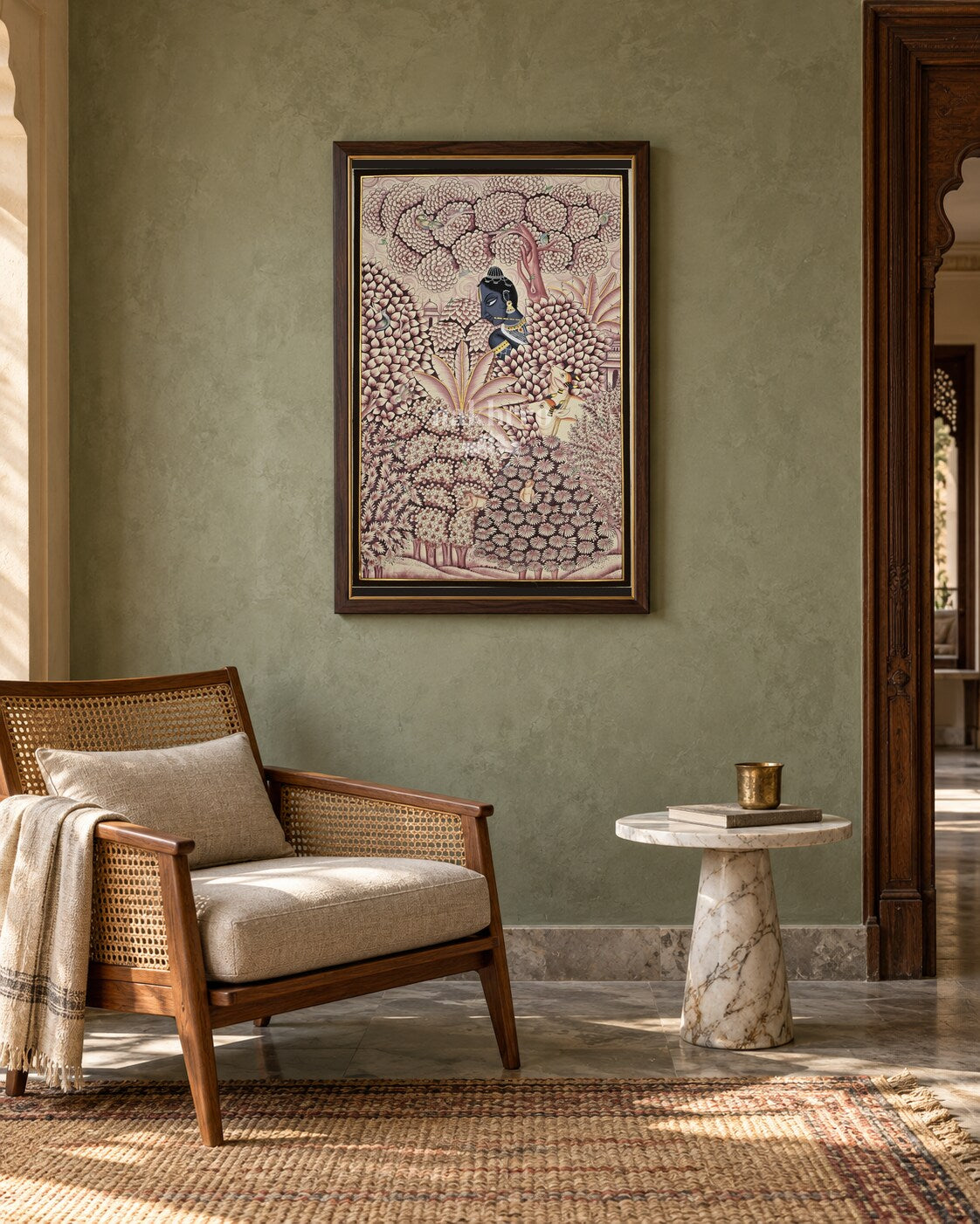 Krishna in a Rose Vrindavan Garden, framed room styling mockup 2; actual size and frame depend on selection