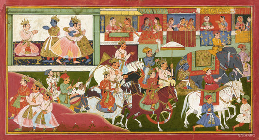 Krishna royal procession Indian miniature art print