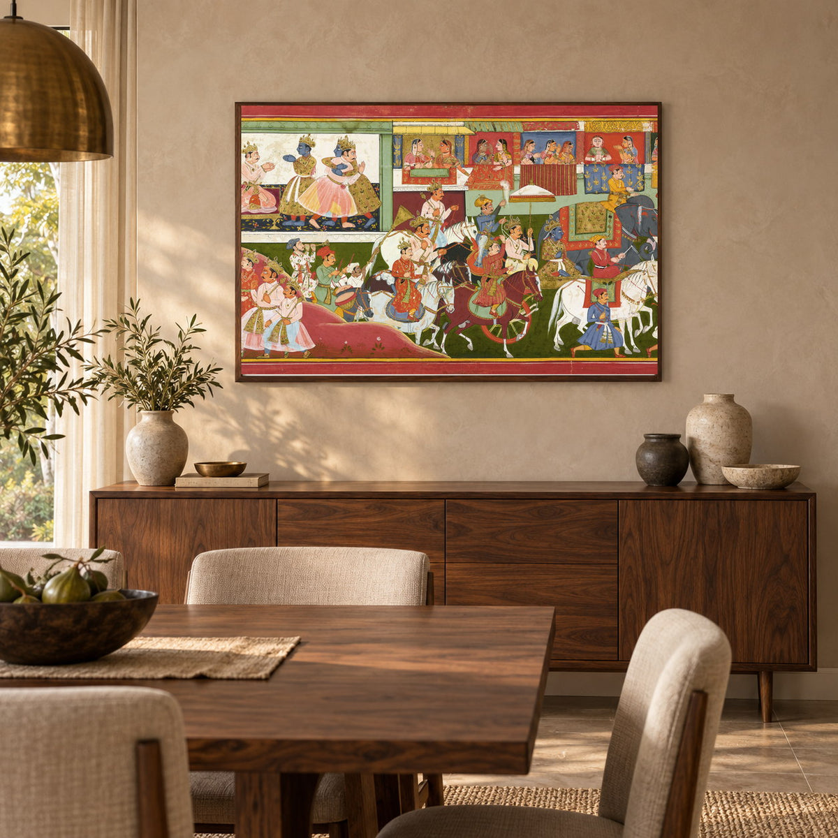 Krishna Royal Procession museum-grade art print in a dining room