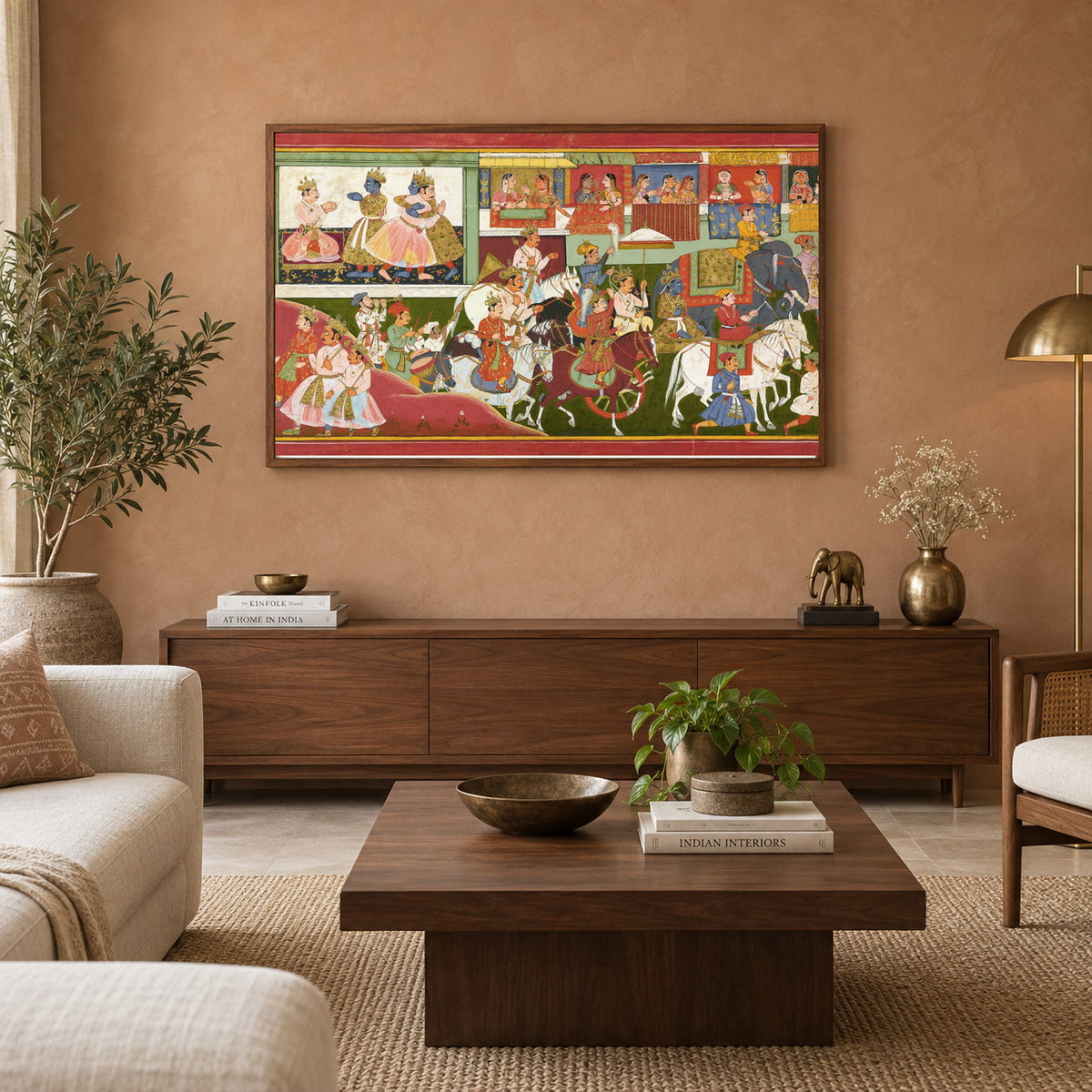 Krishna Royal Procession museum-grade art print in a living room