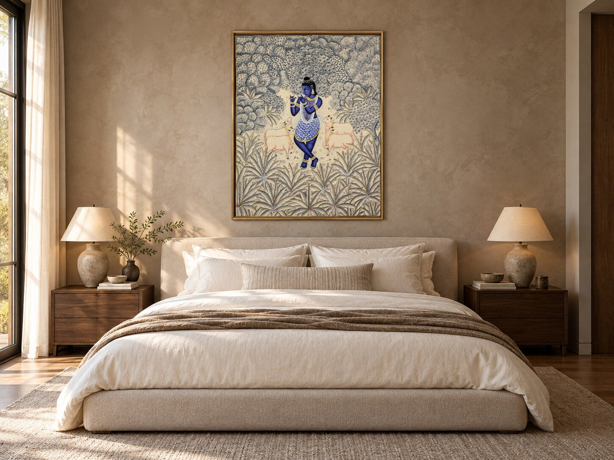 Krishna in an ivory and silver forest Pichwai displayed above a bed