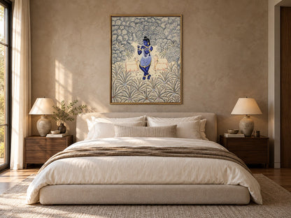 Krishna in an ivory and silver forest Pichwai displayed above a bed